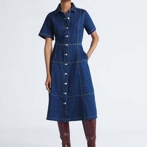 Free ASSEMBLY Women's Denim Short Sleeves Buttons Midi-Dress Dark Indigo Wash L